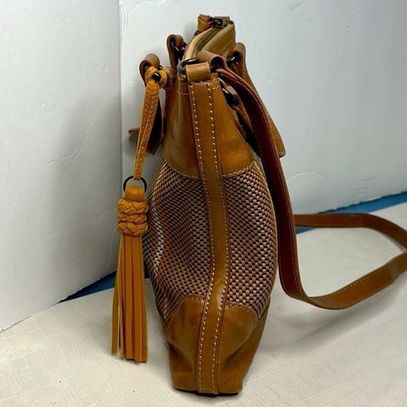 FRYE MELISSA LEATHER WOVEN STRIPED TOP HANDLE ZIP CROSSBODY SMALL TOTE BAG - Picture 6 of 12